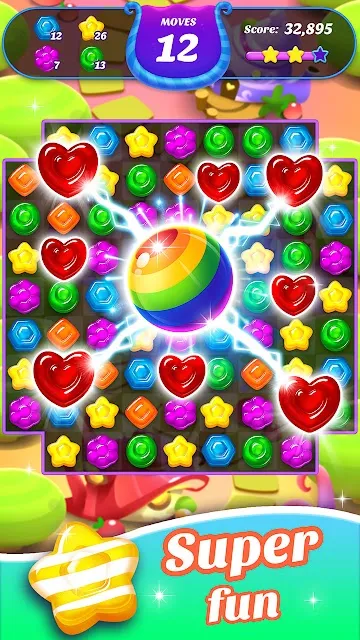 A rainbow special firing outward through a candy grid, twelve moves left